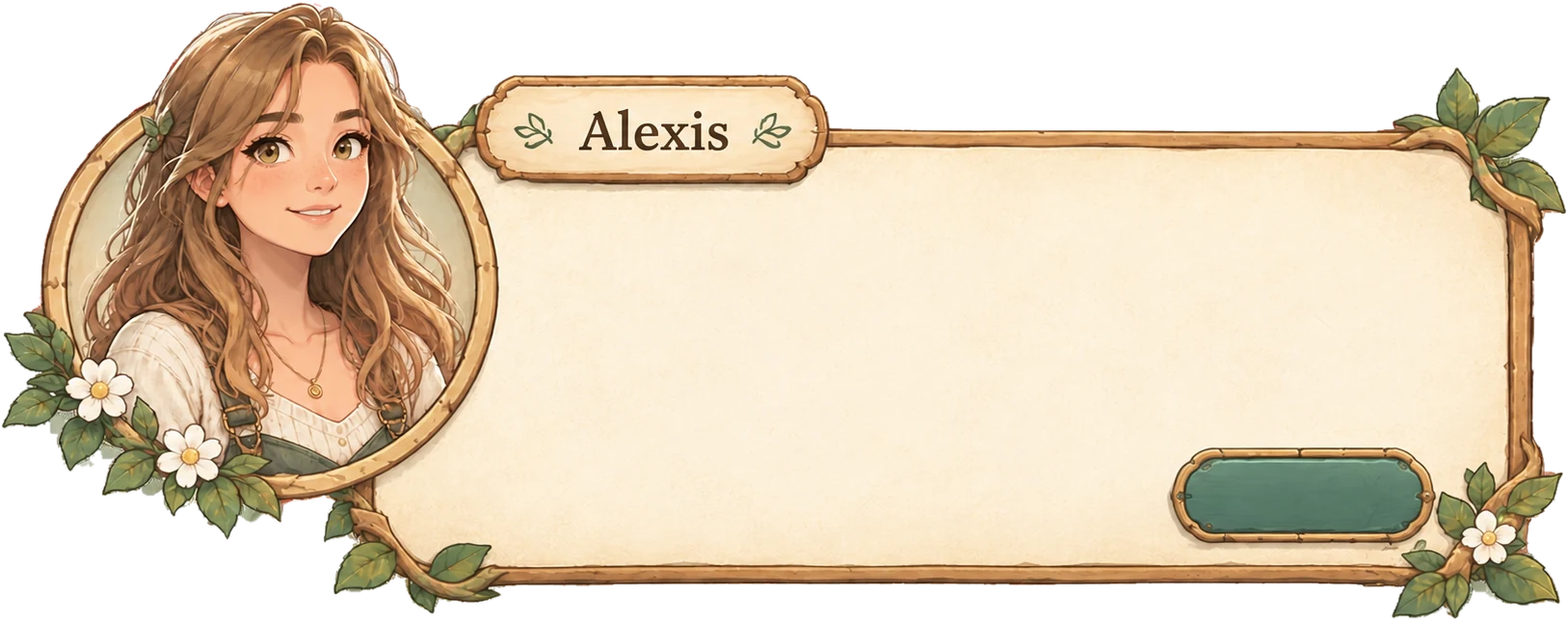 Illustrated portrait of Alexis in a round wooden frame wrapped in leaves and white flowers